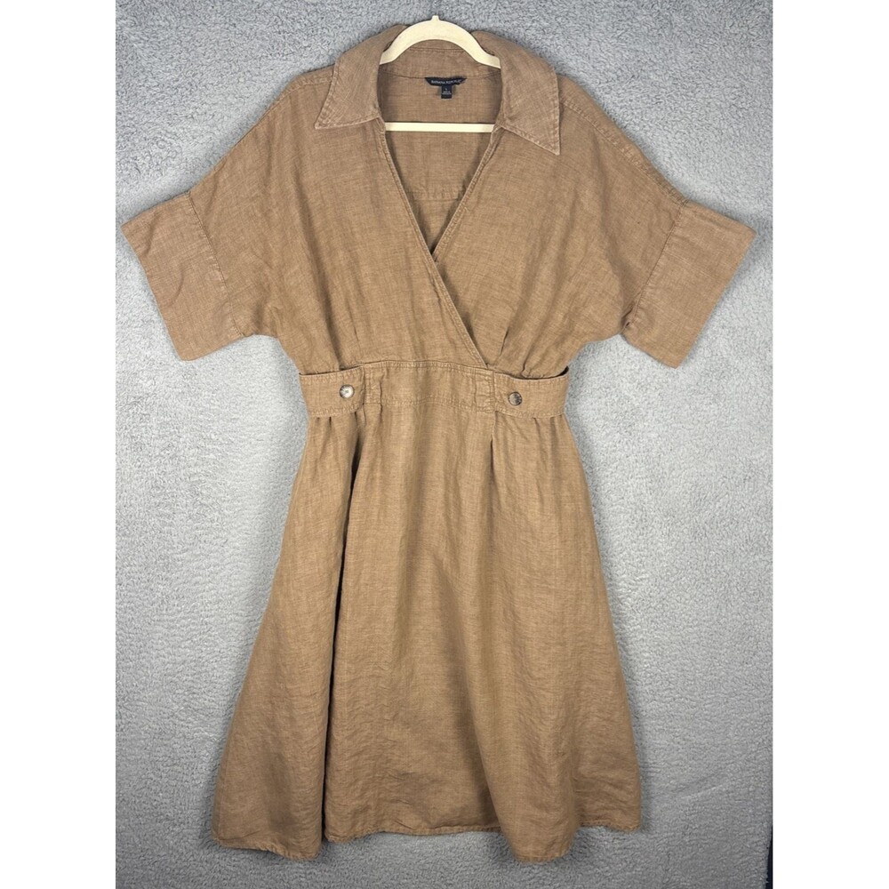 Banana Republic Sedona SS Cinched Waist Midi Dress Camel Brown Linen Size Large